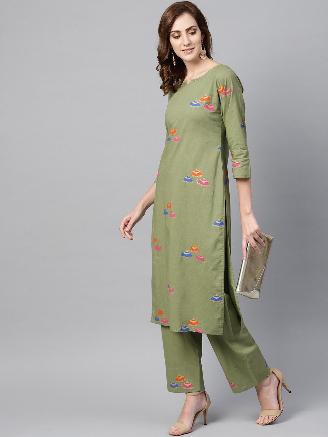 Women's Pistachio Green 3/4Th Sleeve Printed Kurta Set With Ankle Length Printed Pants