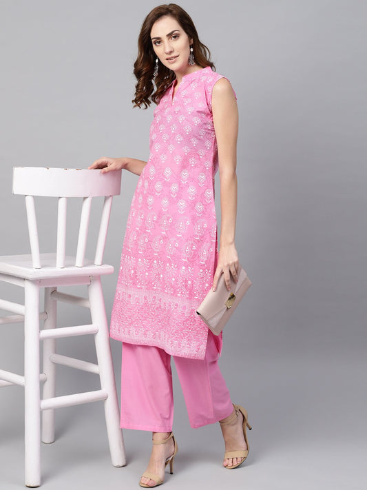 Women's Pink Printed Sleeveless Kurta Set With Solid Pants