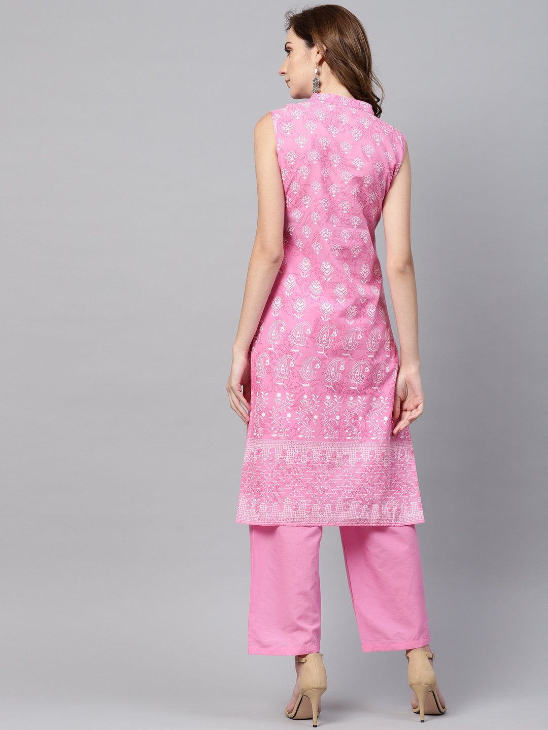 Women's Pink Printed Sleeveless Kurta Set With Solid Pants