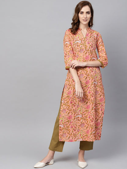 Women's Peach Floral Printed Kurta With Solid Olive Green Pants
