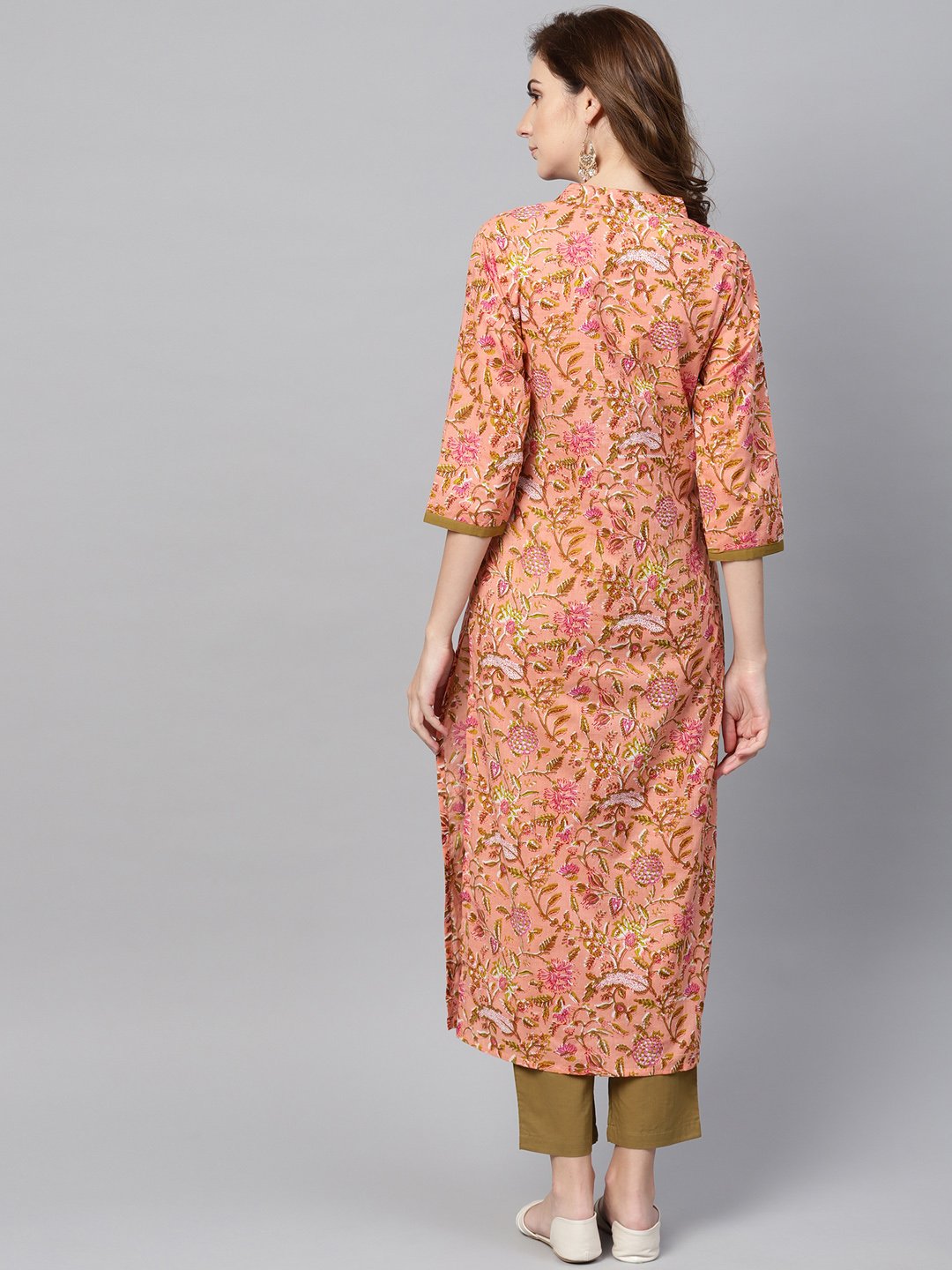 Women's Peach Floral Printed Kurta With Solid Olive Green Pants