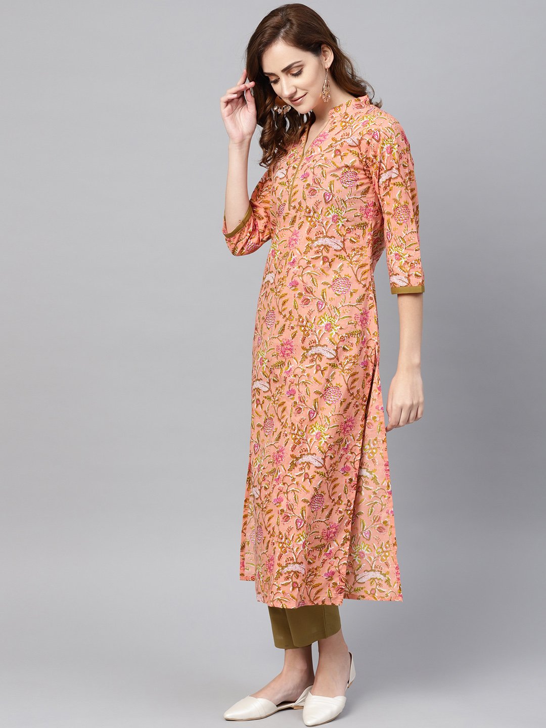 Women's Peach Floral Printed Kurta With Solid Olive Green Pants