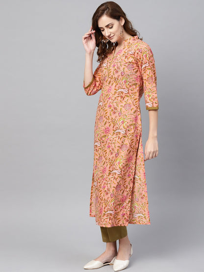 Women's Peach Floral Printed Kurta With Solid Olive Green Pants