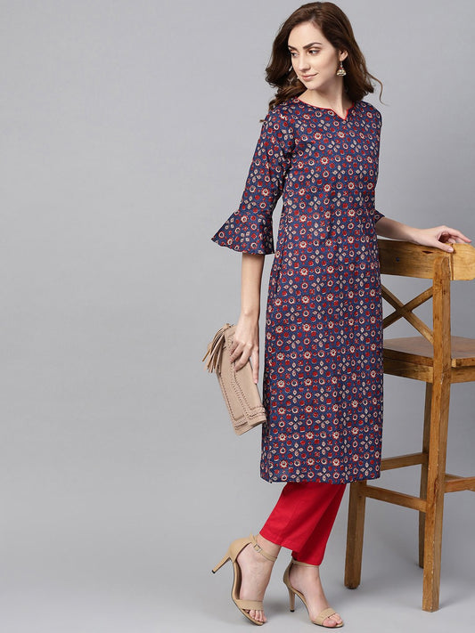 Women's Indigo Blue Multi Colored Printed Kurta Set With Solid Red Pants