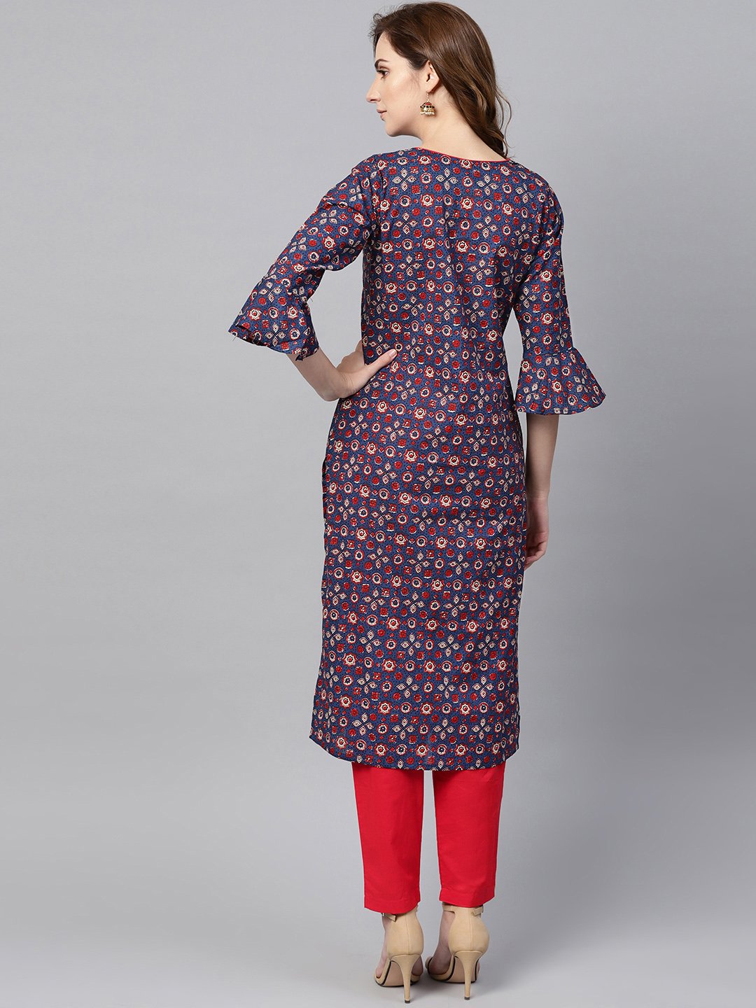 Women's Indigo Blue Multi Colored Printed Kurta Set With Solid Red Pants