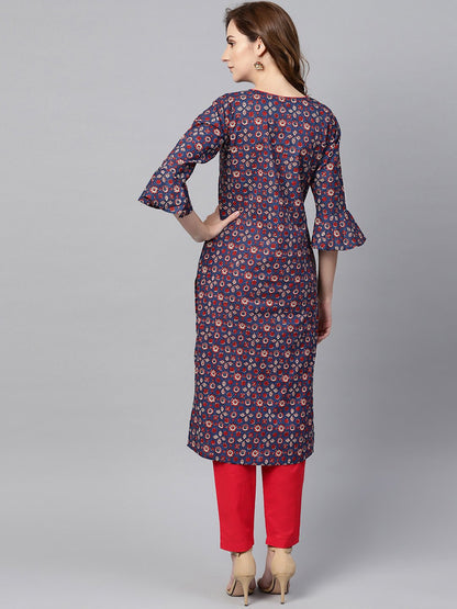Women's Indigo Blue Multi Colored Printed Kurta Set With Solid Red Pants