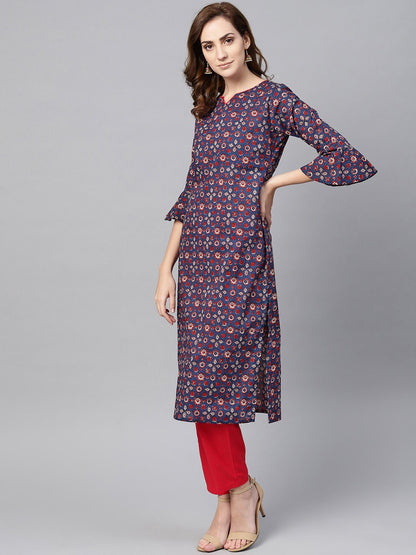 Women's Indigo Blue Multi Colored Printed Kurta Set With Solid Red Pants