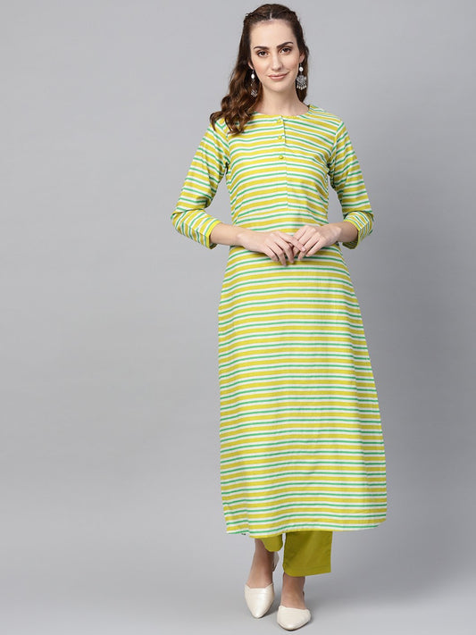 Women's Green Stripped 3/4Th Sleeve Kurta Set With Solid Pants