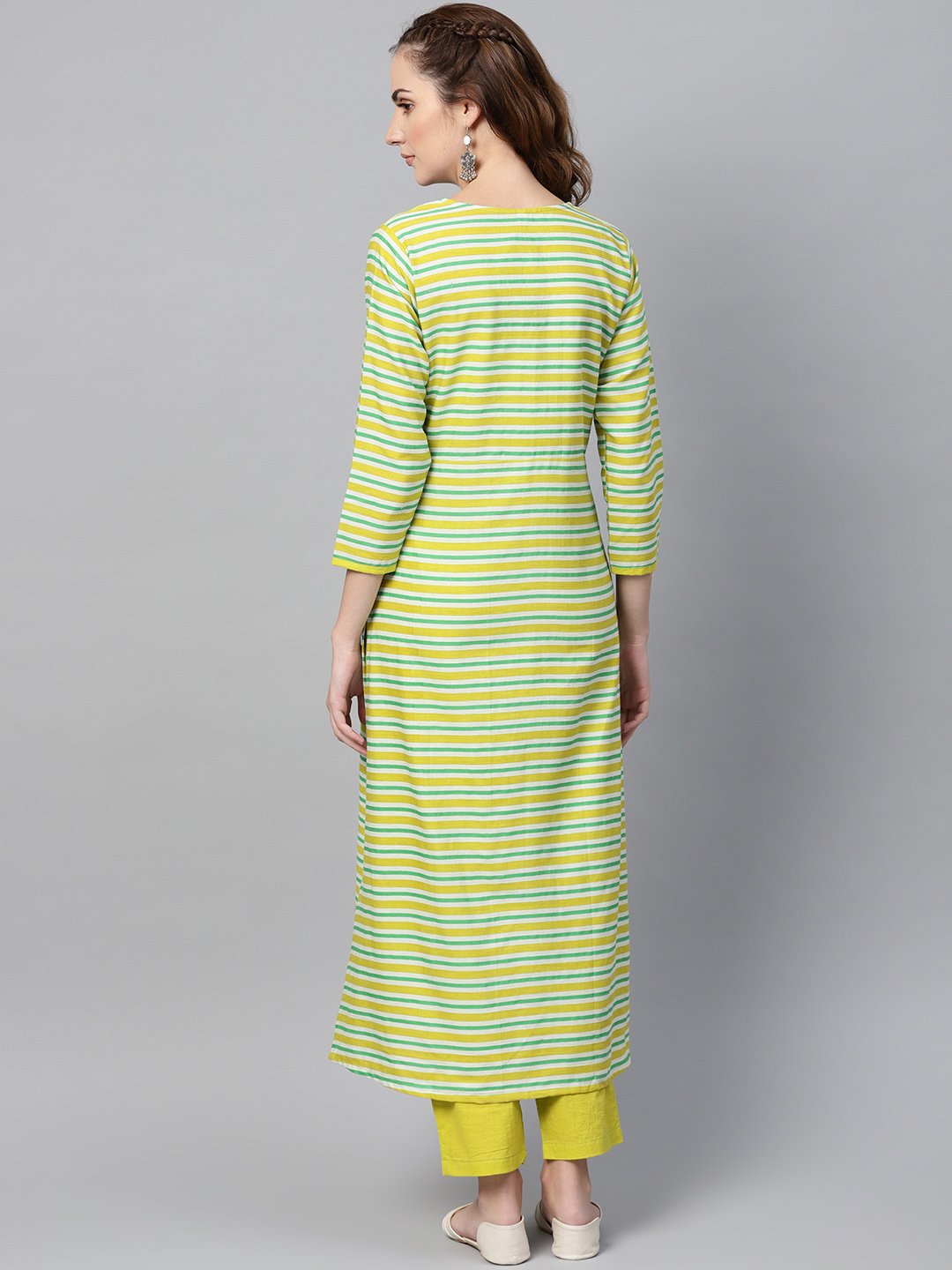 Women's Green Stripped 3/4Th Sleeve Kurta Set With Solid Pants
