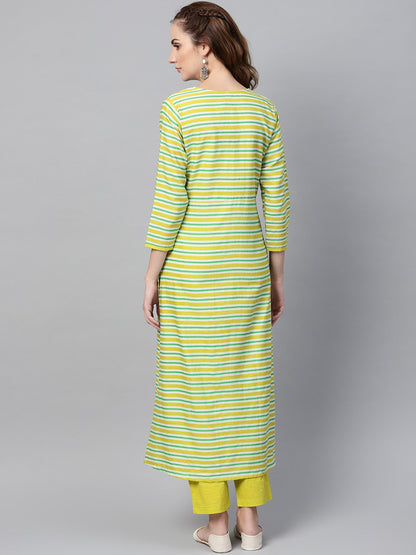 Women's Green Stripped 3/4Th Sleeve Kurta Set With Solid Pants