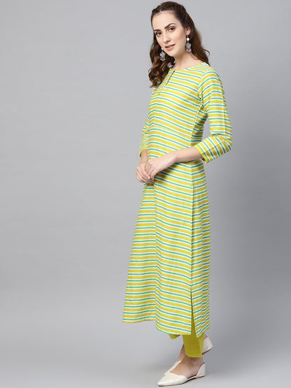 Women's Green Stripped 3/4Th Sleeve Kurta Set With Solid Pants