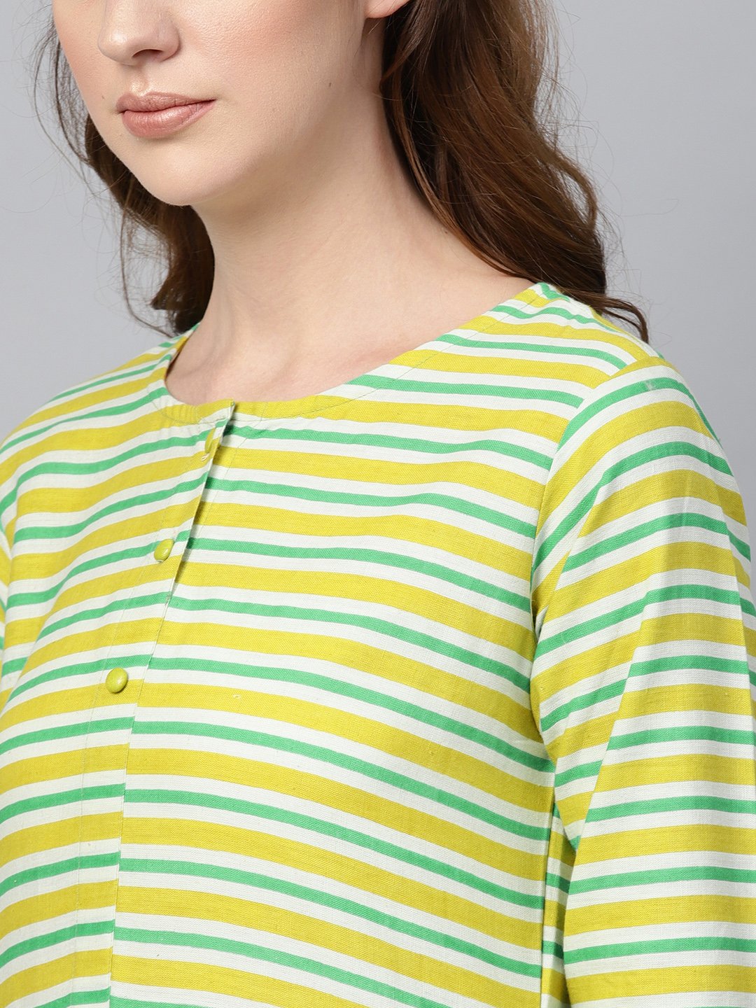 Women's Green Stripped 3/4Th Sleeve Kurta Set With Solid Pants