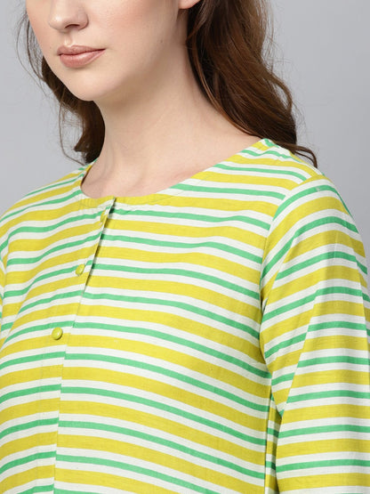 Women's Green Stripped 3/4Th Sleeve Kurta Set With Solid Pants