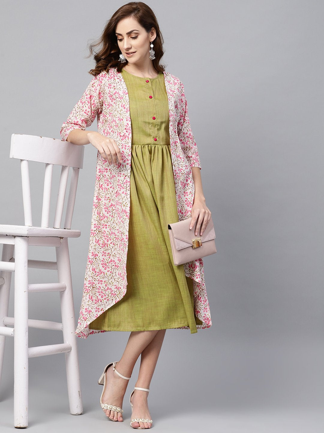 Women's Olive Green A-Line Dress With White Floral Printed Jacket