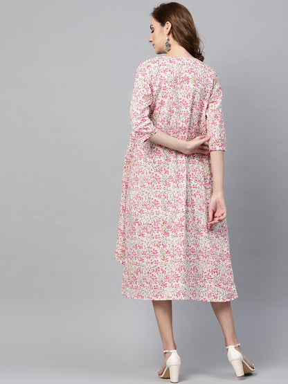 Women's Olive Green A-Line Dress With White Floral Printed Jacket