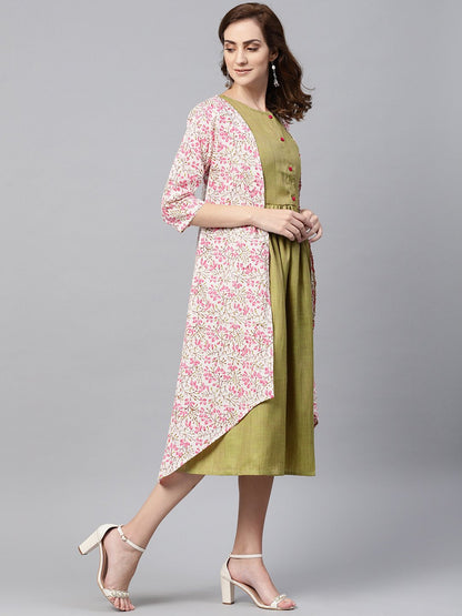 Women's Olive Green A-Line Dress With White Floral Printed Jacket