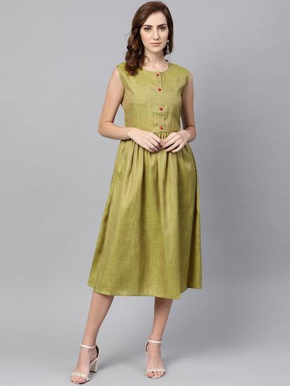 Women's Olive Green A-Line Dress With White Floral Printed Jacket