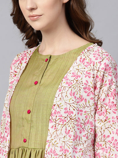Women's Olive Green A-Line Dress With White Floral Printed Jacket