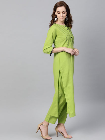 Women's Lime Green Kurta Set With Pants & Mul Printed Dupatta