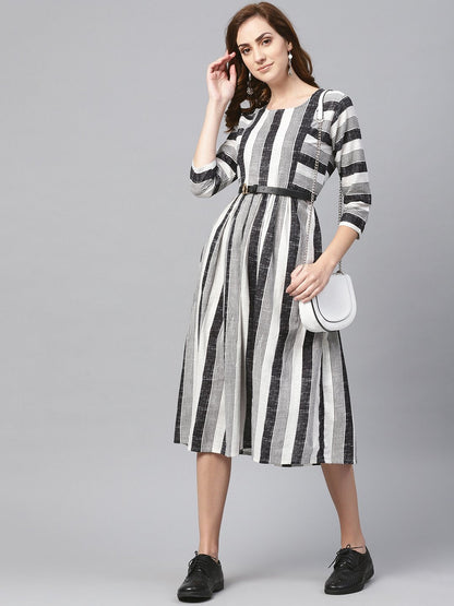 Women's Black & Wihte Stripped Dress With Round Neck & 3/4 Sleeves