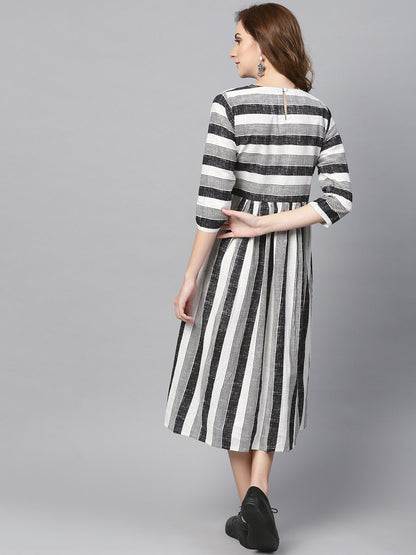 Women's Black & Wihte Stripped Dress With Round Neck & 3/4 Sleeves