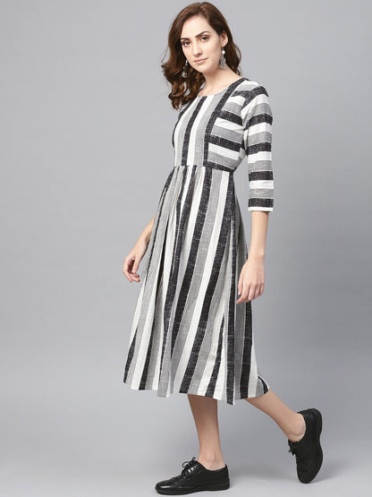 Women's Black & Wihte Stripped Dress With Round Neck & 3/4 Sleeves