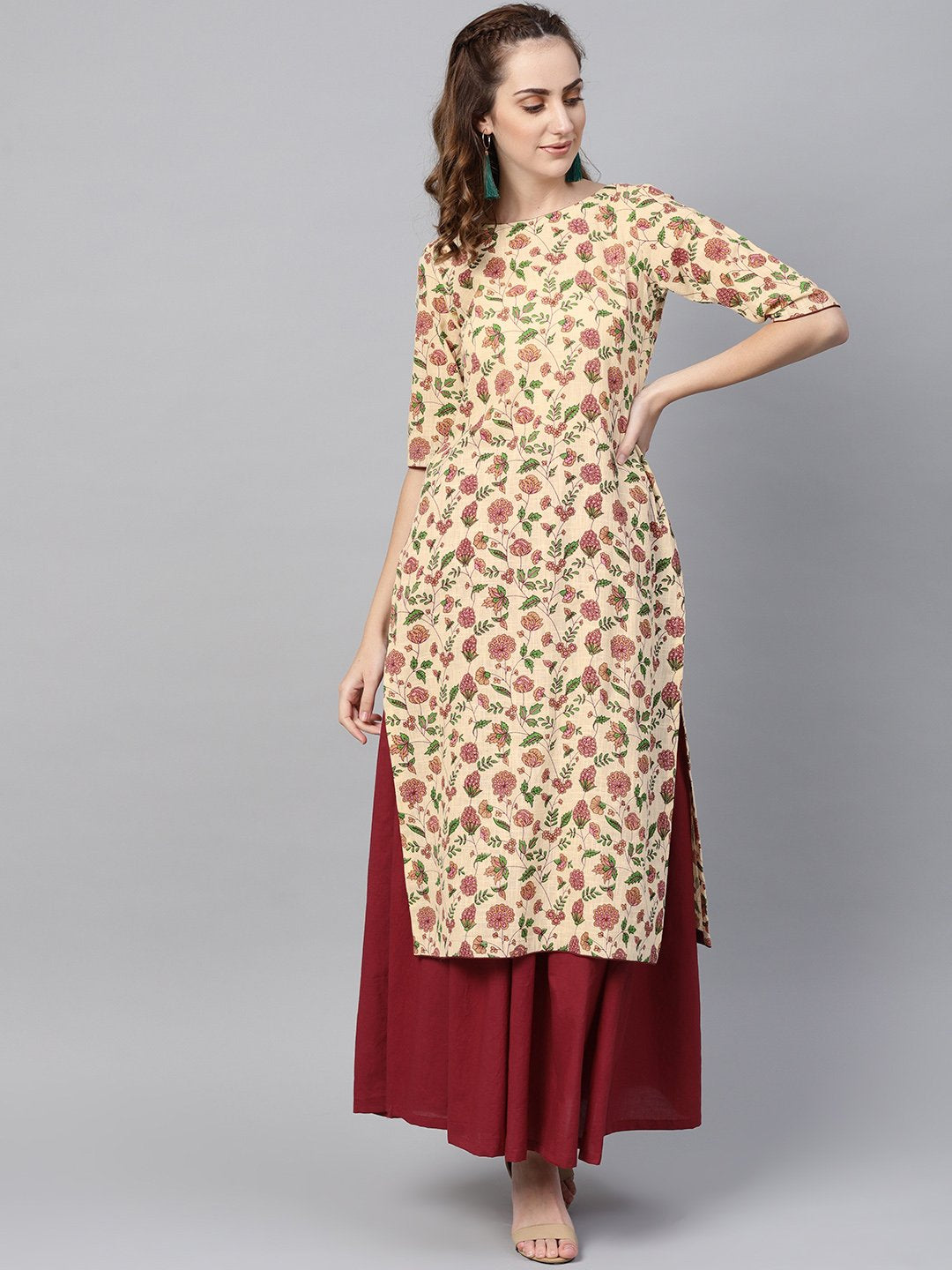 Women's Cream Multi Colored Kurta Set With Solid Dark Maroon Skirt