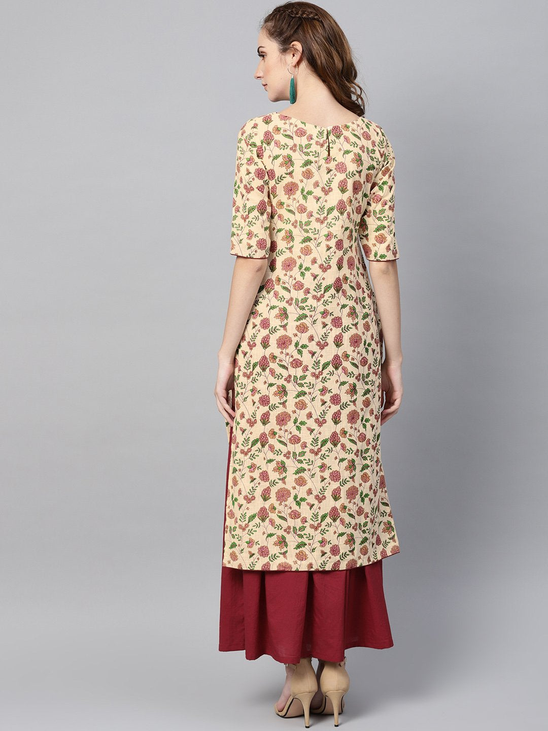 Women's Cream Multi Colored Kurta Set With Solid Dark Maroon Skirt