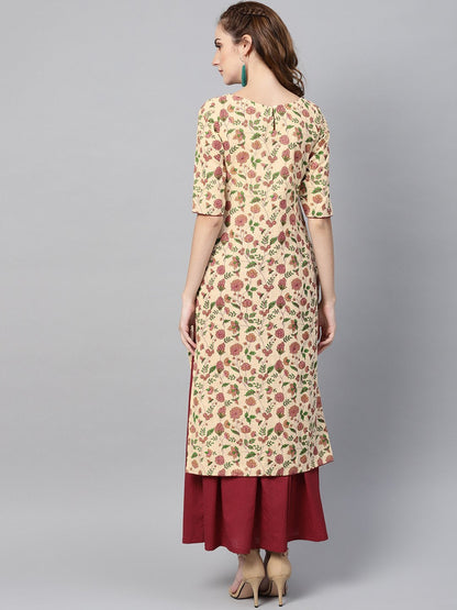 Women's Cream Multi Colored Kurta Set With Solid Dark Maroon Skirt
