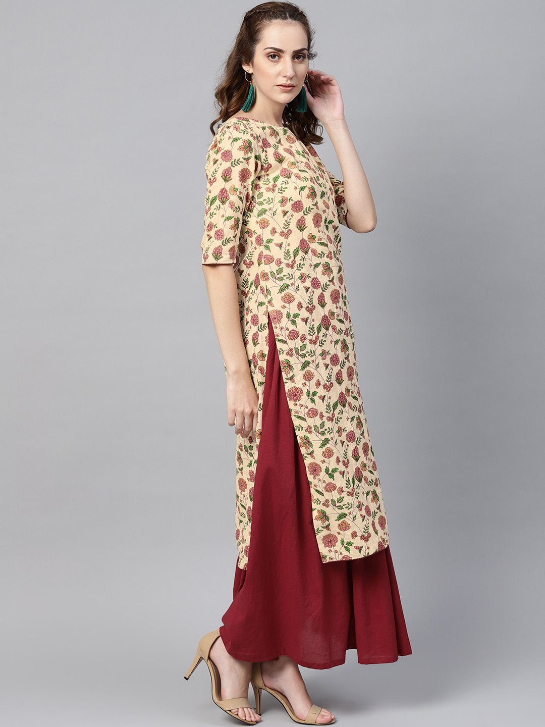 Women's Cream Multi Colored Kurta Set With Solid Dark Maroon Skirt