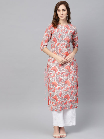 Women's White & Coral Pink Floral Print Straight Kurta