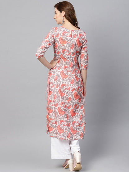 Women's White & Coral Pink Floral Print Straight Kurta
