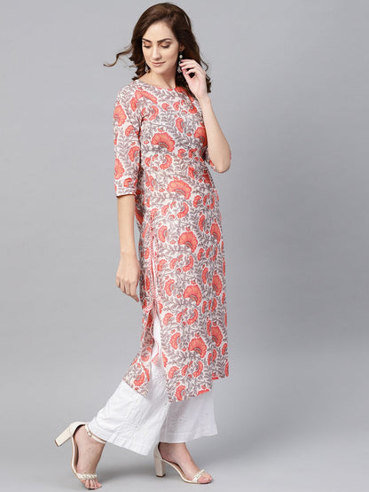 Women's White & Coral Pink Floral Print Straight Kurta