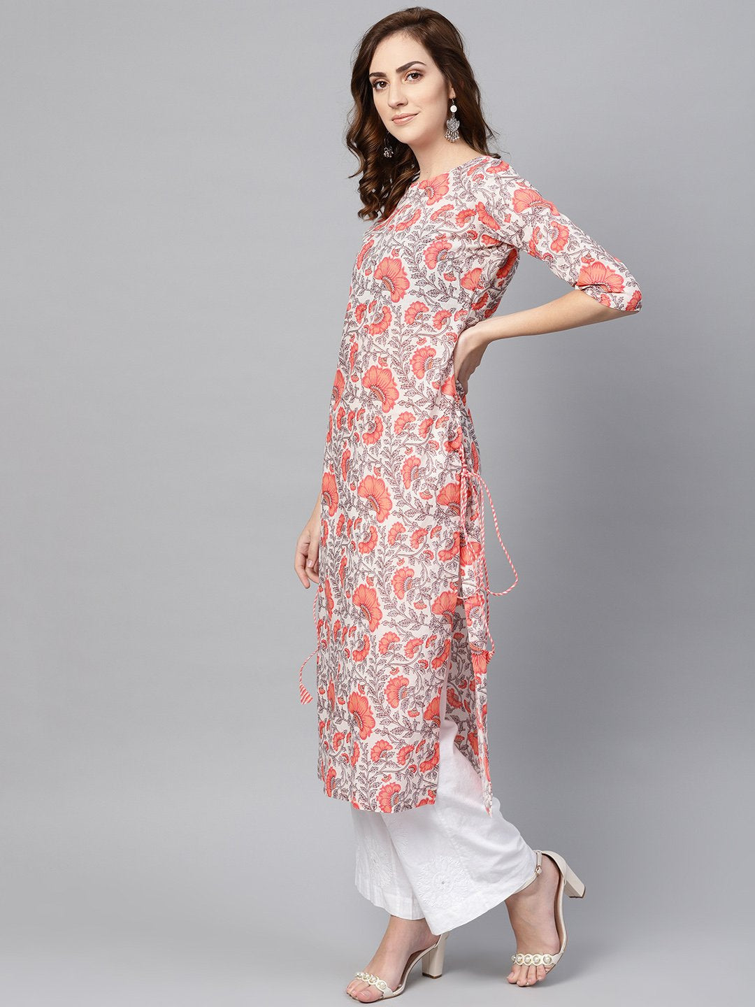 Women's White & Coral Pink Floral Print Straight Kurta