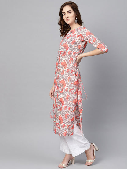 Women's White & Coral Pink Floral Print Straight Kurta