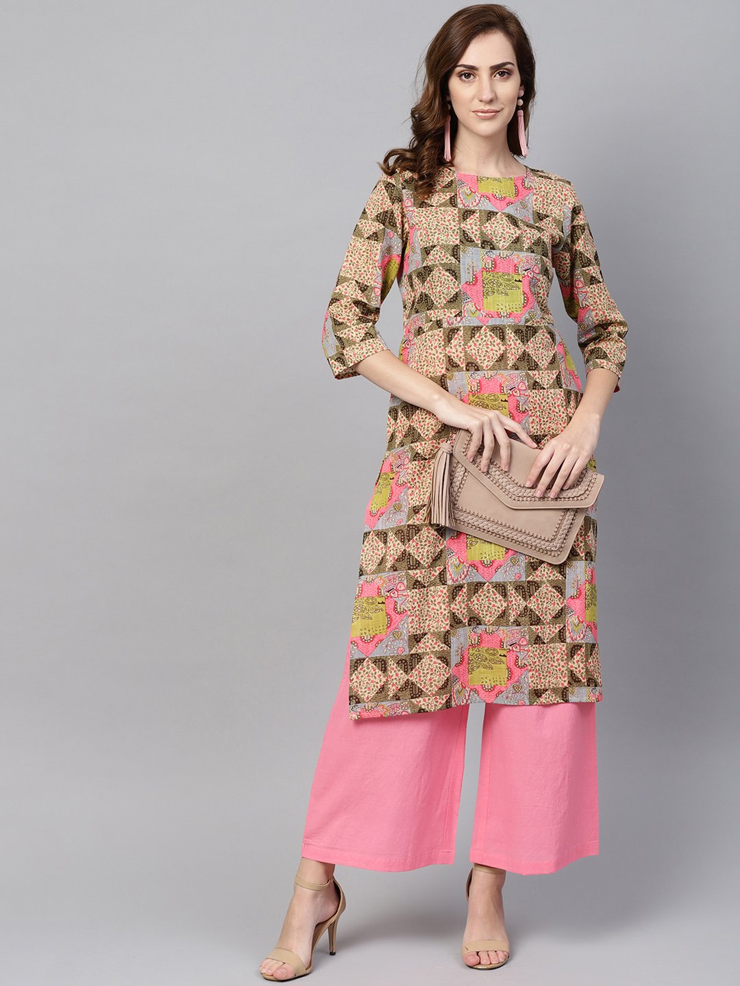 Women's Beige Multi Colored Straight Kurta Set With Solid Light Pink Pants