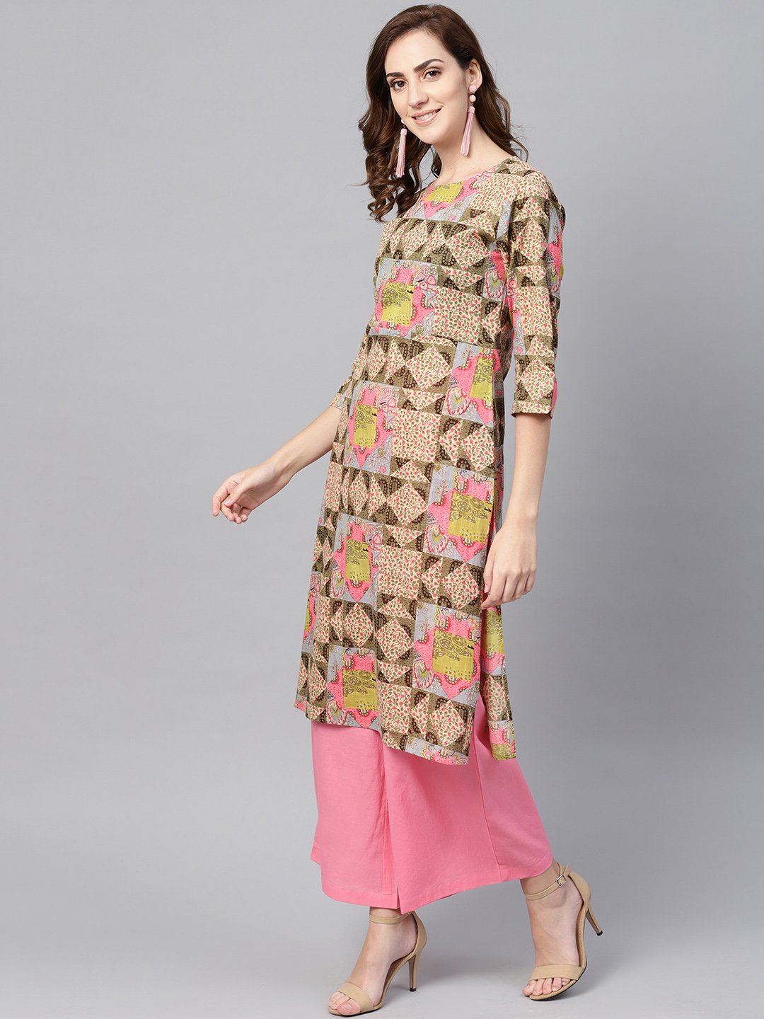 Women's Beige Multi Colored Straight Kurta Set With Solid Light Pink Pants