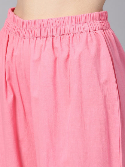 Women's Beige Multi Colored Straight Kurta Set With Solid Light Pink Pants