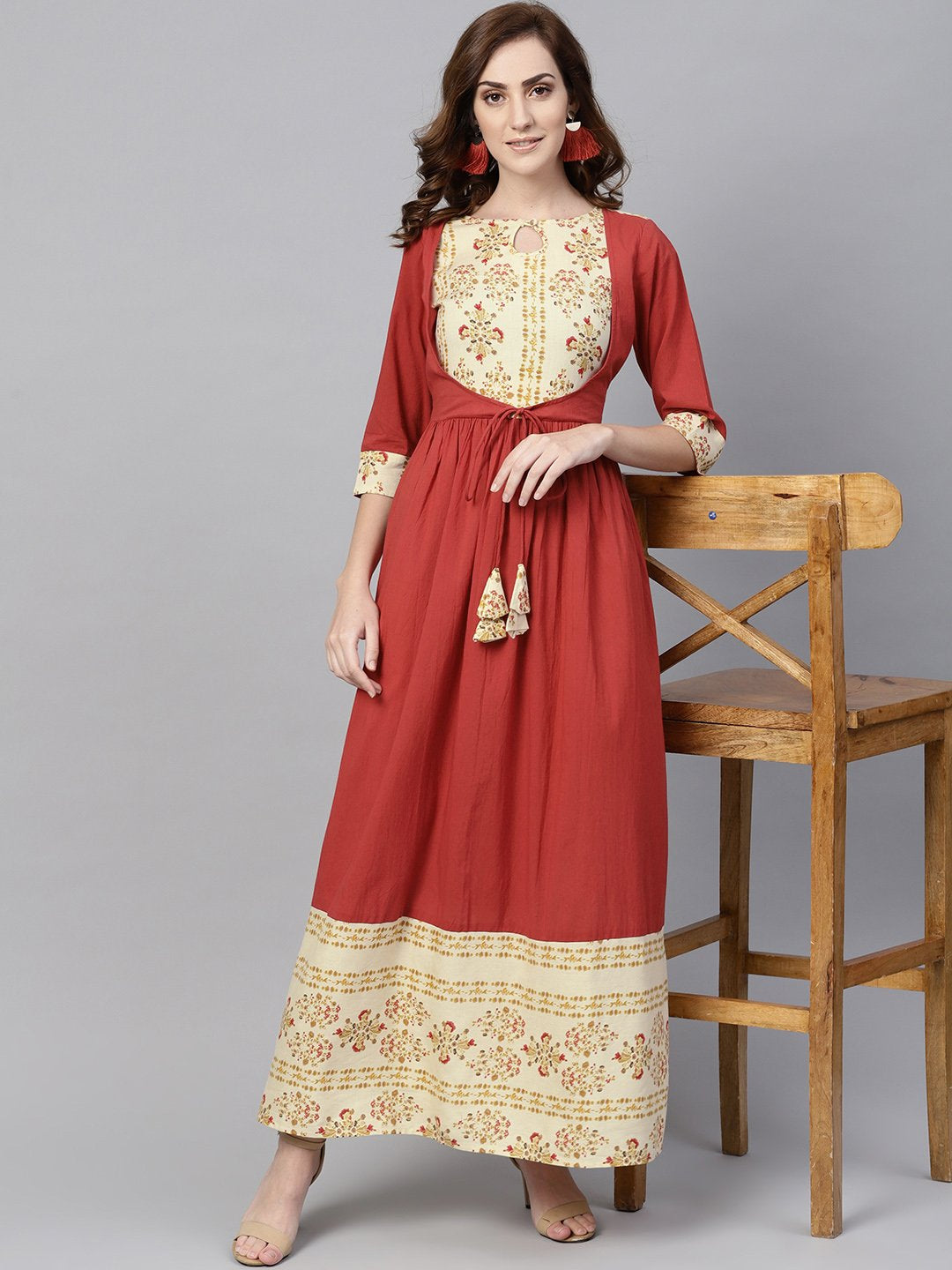 Women's Maroon Maxi Dress With Layered Printed Yoke And Cuff