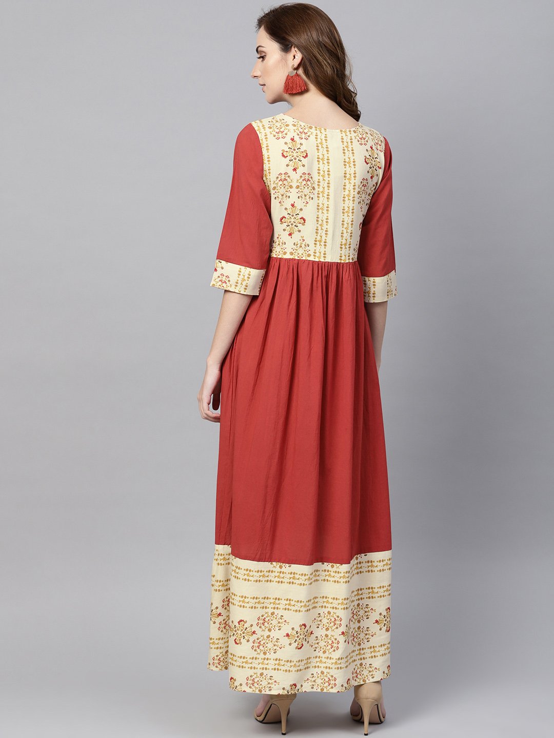 Women's Maroon Maxi Dress With Layered Printed Yoke And Cuff