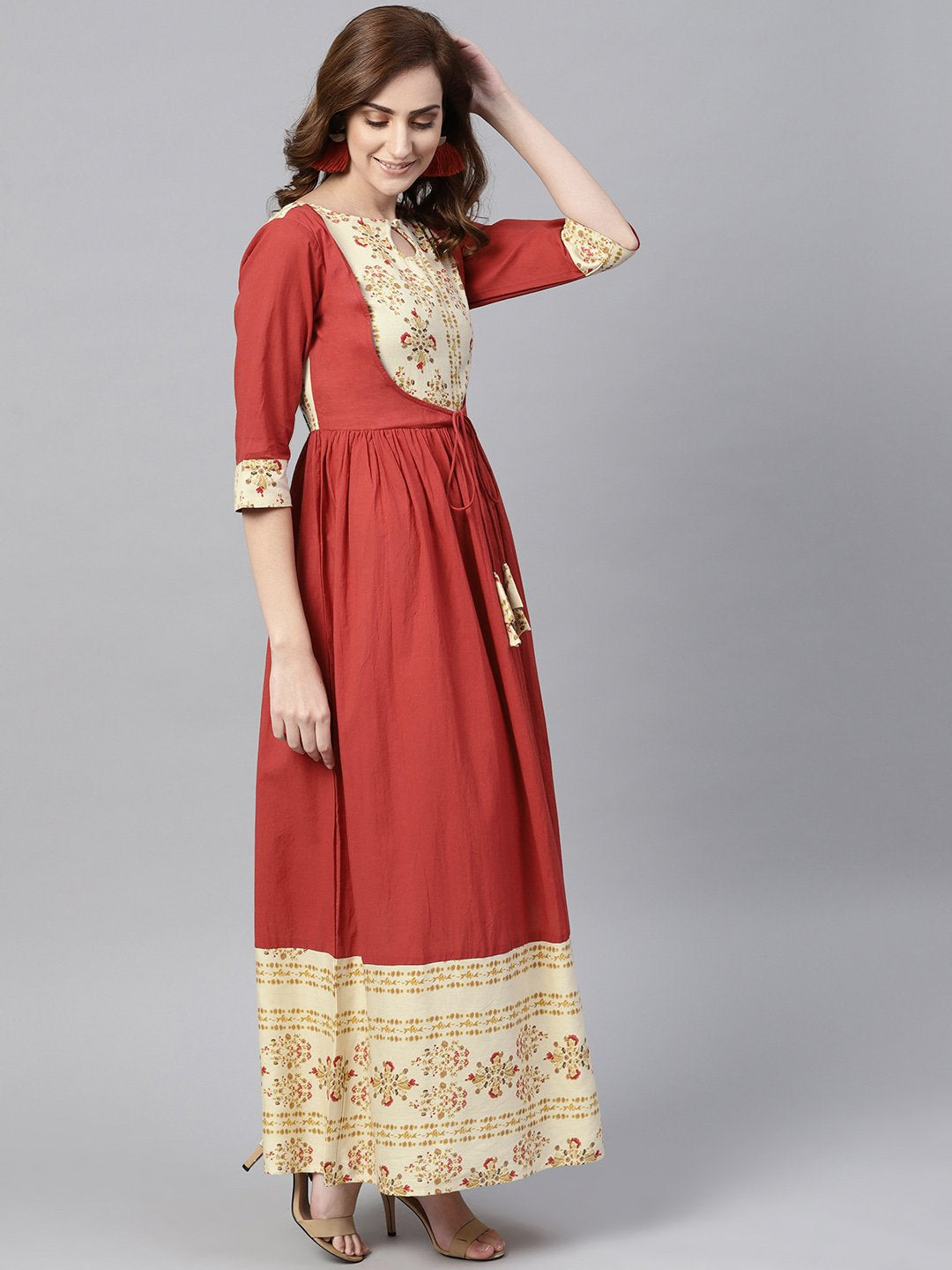 Women's Maroon Maxi Dress With Layered Printed Yoke And Cuff
