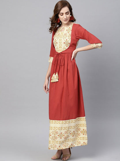 Women's Maroon Maxi Dress With Layered Printed Yoke And Cuff