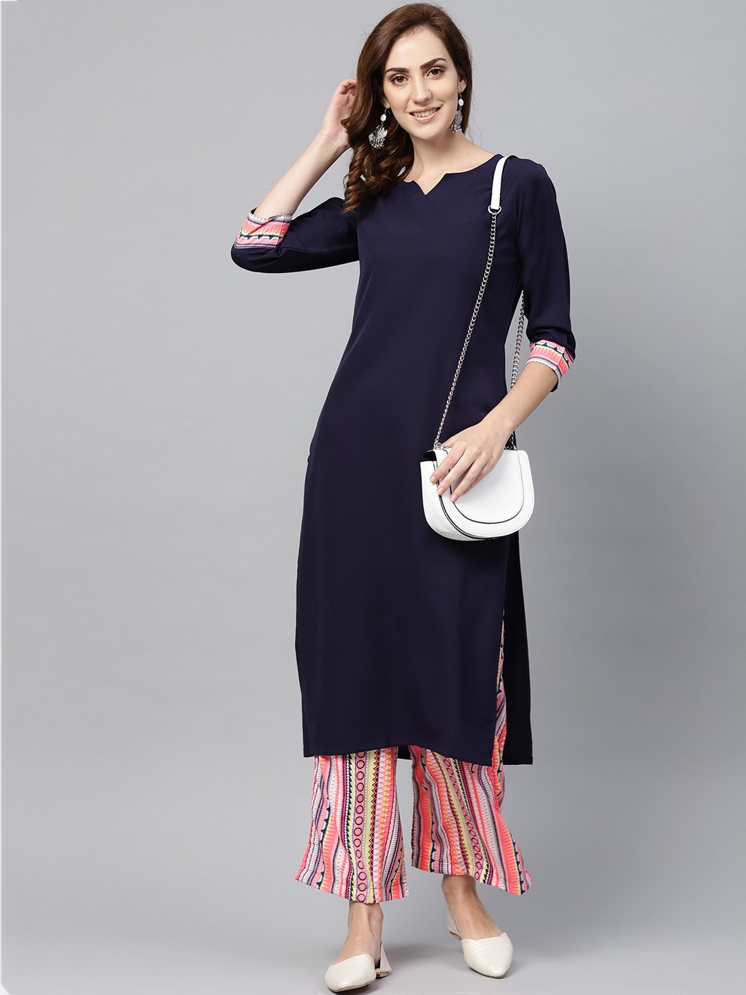 Women's Navy Blue 3/4Th Sleeve Kurta Set With Printed Palazzo