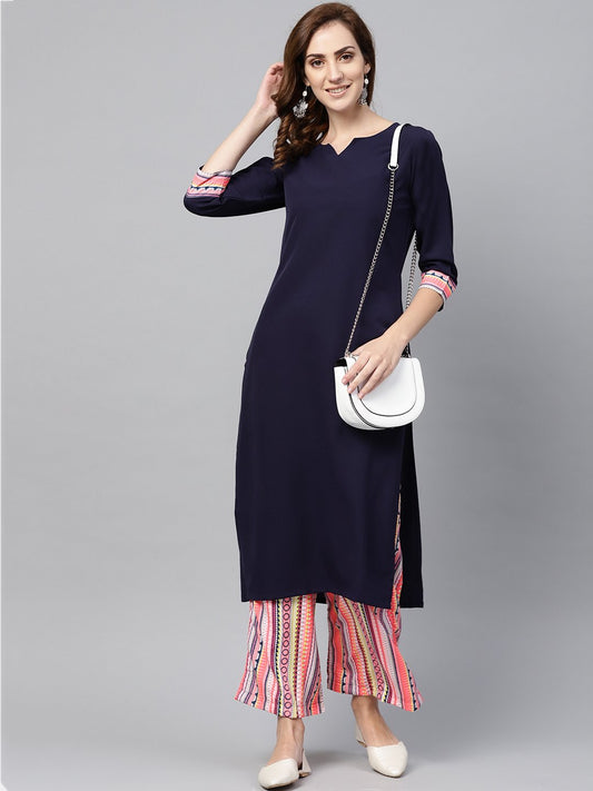 Women's Navy Blue 3/4Th Sleeve Kurta Set With Printed Palazzo