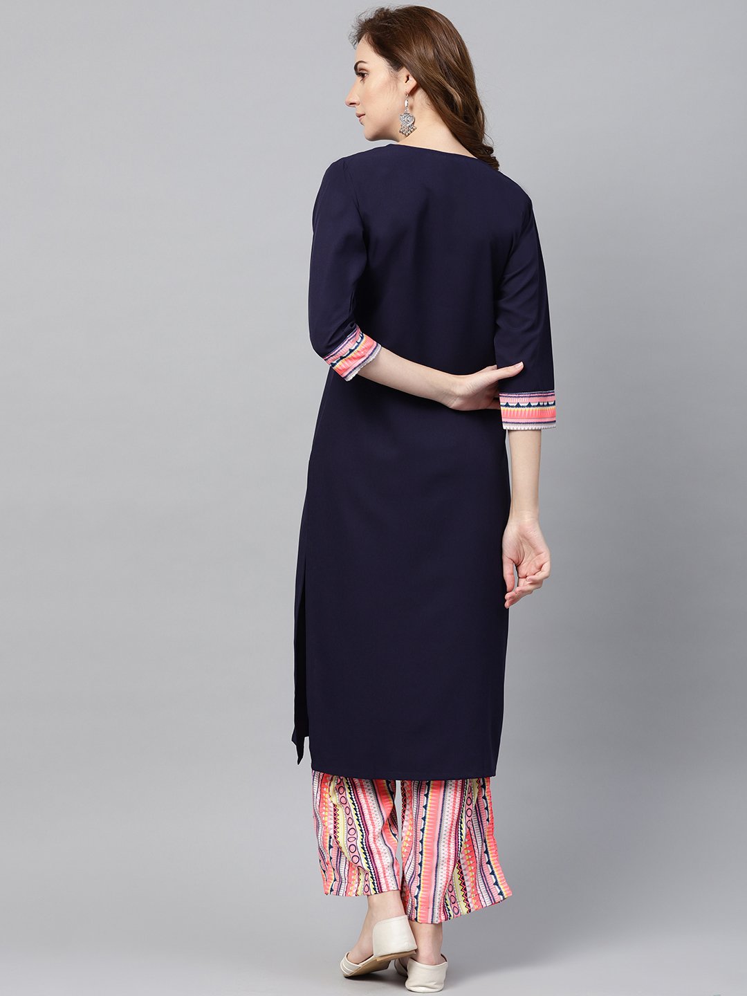 Women's Navy Blue 3/4Th Sleeve Kurta Set With Printed Palazzo