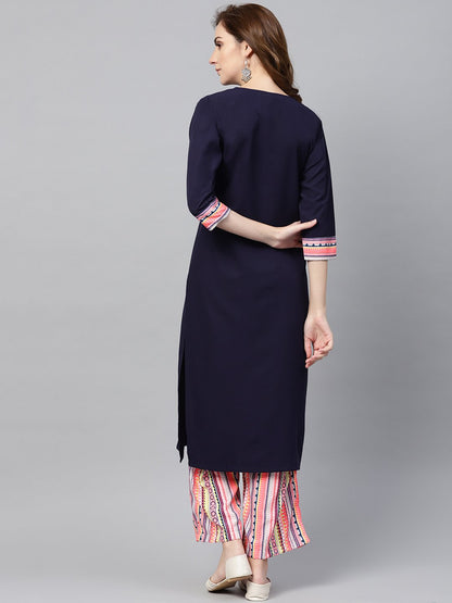Women's Navy Blue 3/4Th Sleeve Kurta Set With Printed Palazzo