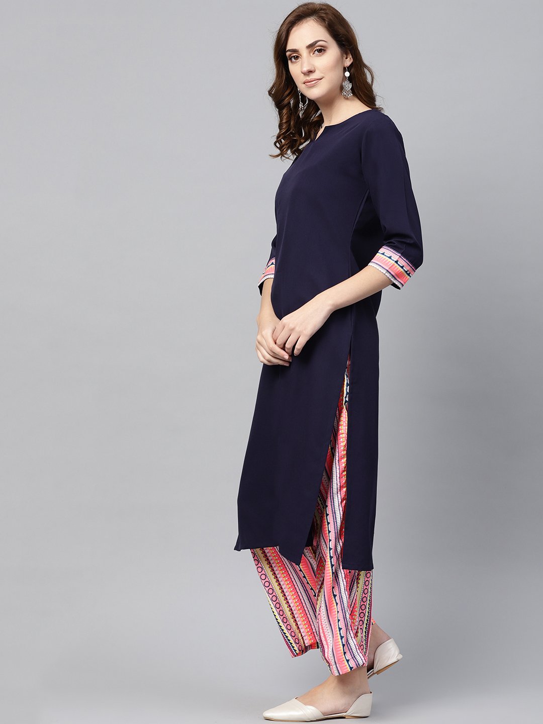 Women's Navy Blue 3/4Th Sleeve Kurta Set With Printed Palazzo