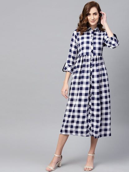 Women's Electric Blue Checked Shirt Collar Dress With Front Placket & Cuff
