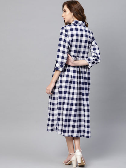 Women's Electric Blue Checked Shirt Collar Dress With Front Placket & Cuff