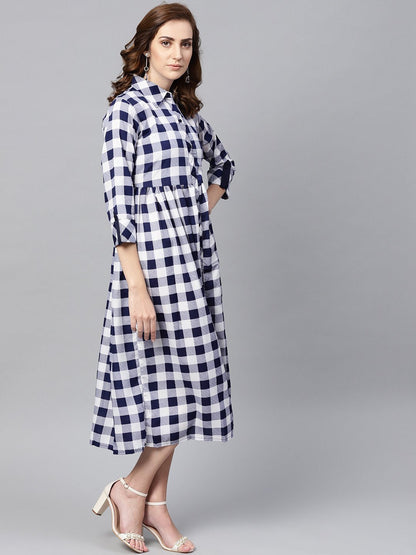 Women's Electric Blue Checked Shirt Collar Dress With Front Placket & Cuff